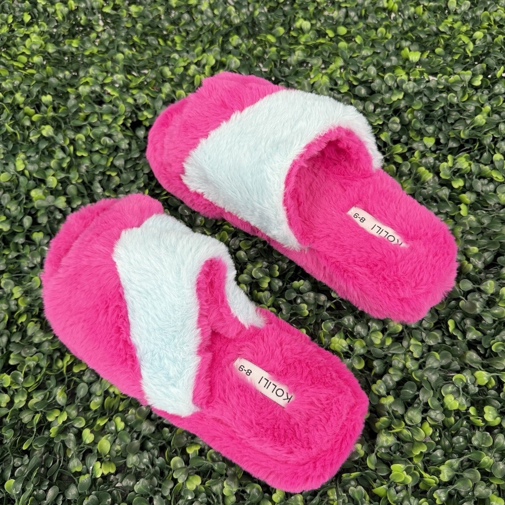 Slippers Open Toe Fuzzy Slipons Womens 8-9 Pink Blue Hard Bottoms House Shoes‎